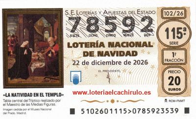 Anverso del d&eacute;cimo 78592 de la Loter&iacute;a de Navidad 2026, de &Uacute;beda (Ja&eacute;n)
